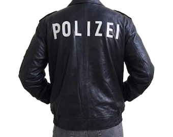 Men's Black Real Leather Police Jacket - Vintage Zipped Front Style -  Shirt Style Collar Stylish  Deutsch Polizei Jacket