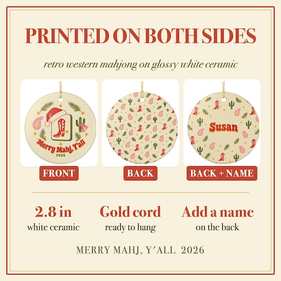 Cowgirl Christmas Ornament: Western Mahjong Tile, Cowboy Boot Cactus Paisley, Ceramic, Personalized Name detail