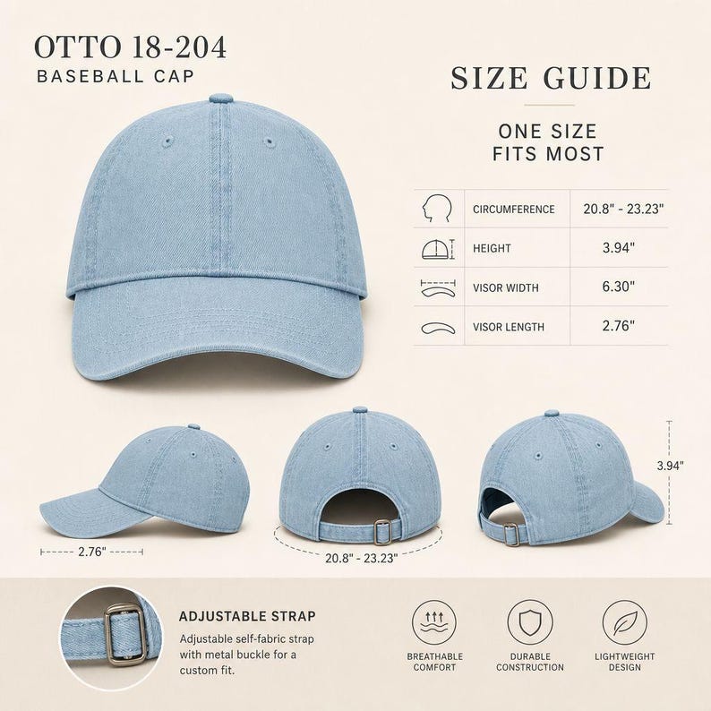 Embroidered "Dot Crak Bam" mahjong dad hat in light blue denim — a mahjong lover gift shown from front, side, and back angles with size guide details including adjustable self-fabric strap and metal buckle closure.