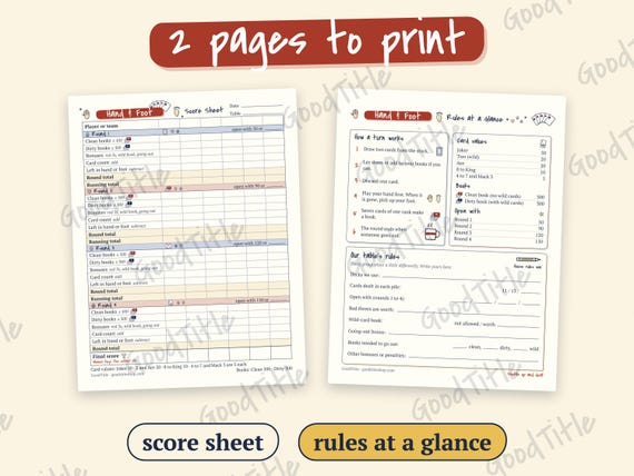 Hand and Foot Score Sheet Printable: Card Game Rules Guide, 6 Players, Letter A4 PDF detail