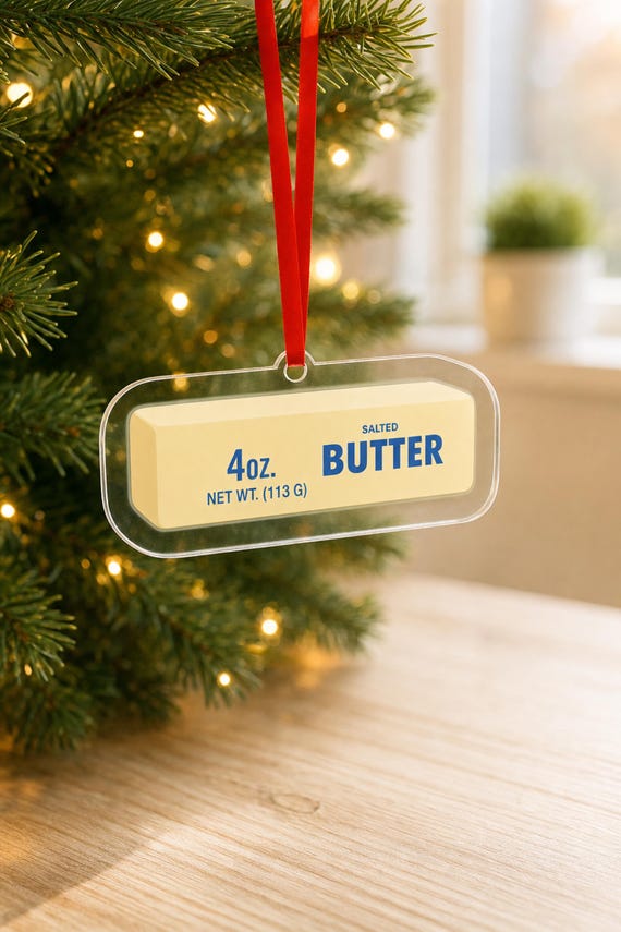Butter Ornament Personalized: Squishy Salted Stick, Custom Name Cut Acrylic, Sibling Set detail
