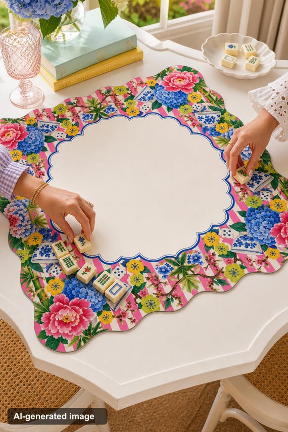 Scalloped Chinoiserie Mahjong Mat 3 Sizes Pink Preppy Neoprene Mah Jongg Table Mat with Storage Bag Grandmillennial Game Night Gift detail