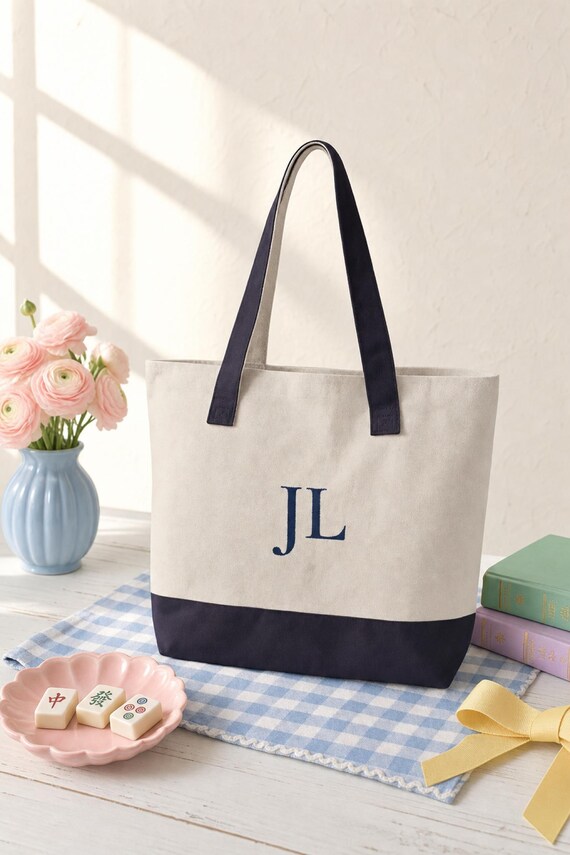 Personalized Mahjong Tote Bag Custom Name Monogram Zippered Canvas Game Night detail