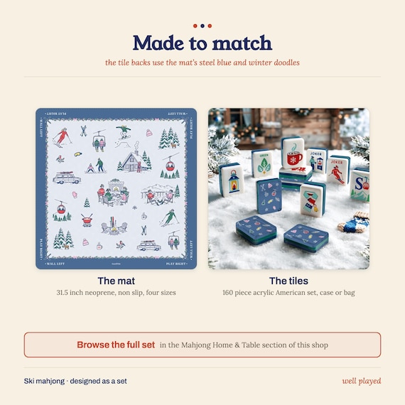 Winter Mahjong Mat: Apres Ski Chalet Toile Neoprene, 4 Sizes with Storage Bag detail
