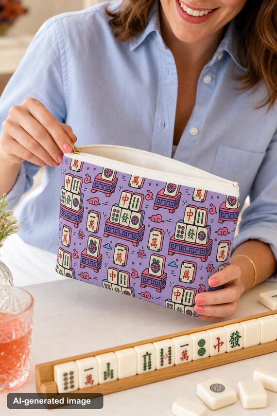 Mahjong Tile Print Makeup Bag Canvas Cosmetic Pouch Fits Full Set Travel Organizer detail