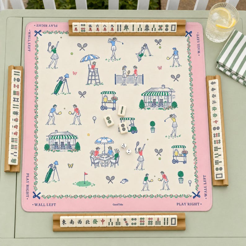 Country Club Mahjong Mat: Tennis Golf Pickleball Toile Neoprene, 4 Sizes with Storage Bag