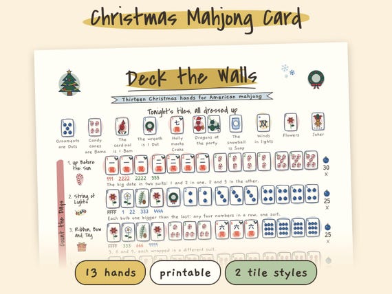 Christmas Mahjong Card: 13 Printable Hands, Holiday Game Night for Mah Jongg Groups, Ink Saver detail