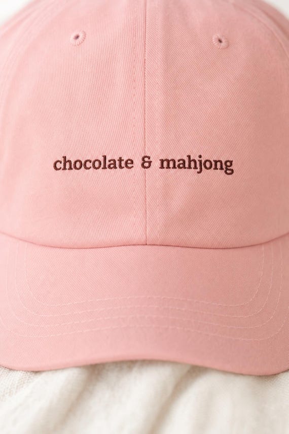 Funny Mahjong Hat Chocolate and Mahjong Embroidered Cap Cotton Twill Game Night detail