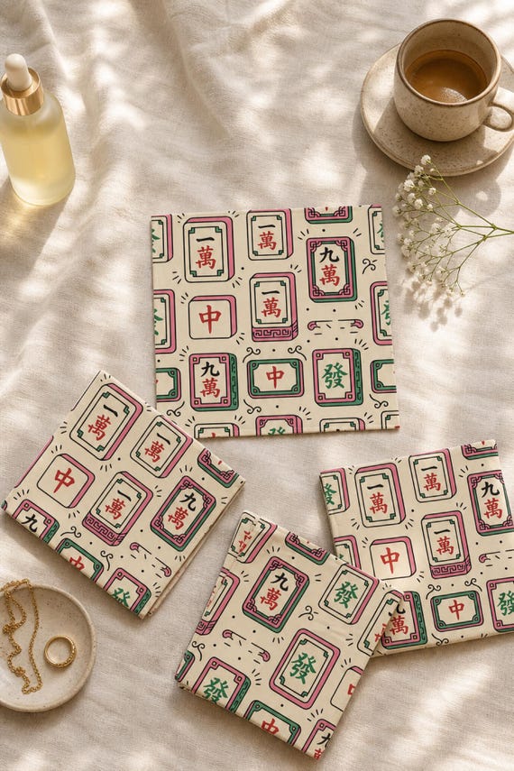 Mahjong Cocktail Napkins Set of 4 Tile Print Hostess Table Decor detail