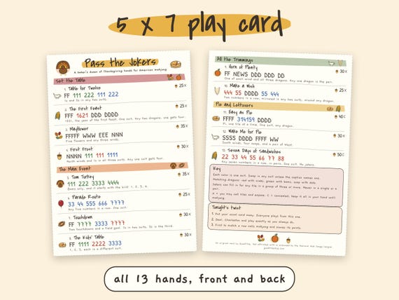 Thanksgiving Mahjong Card: 13 Printable Hands, Friendsgiving Mah Jongg Game Night, Ink Saver detail
