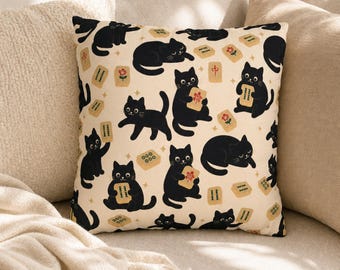 Halloween Mahjong Pillow Cover Black Cat Throw Pillow Case Spooky Cute Game Night Decor Fall Couch Pillowcase Mahjongg Player Gift