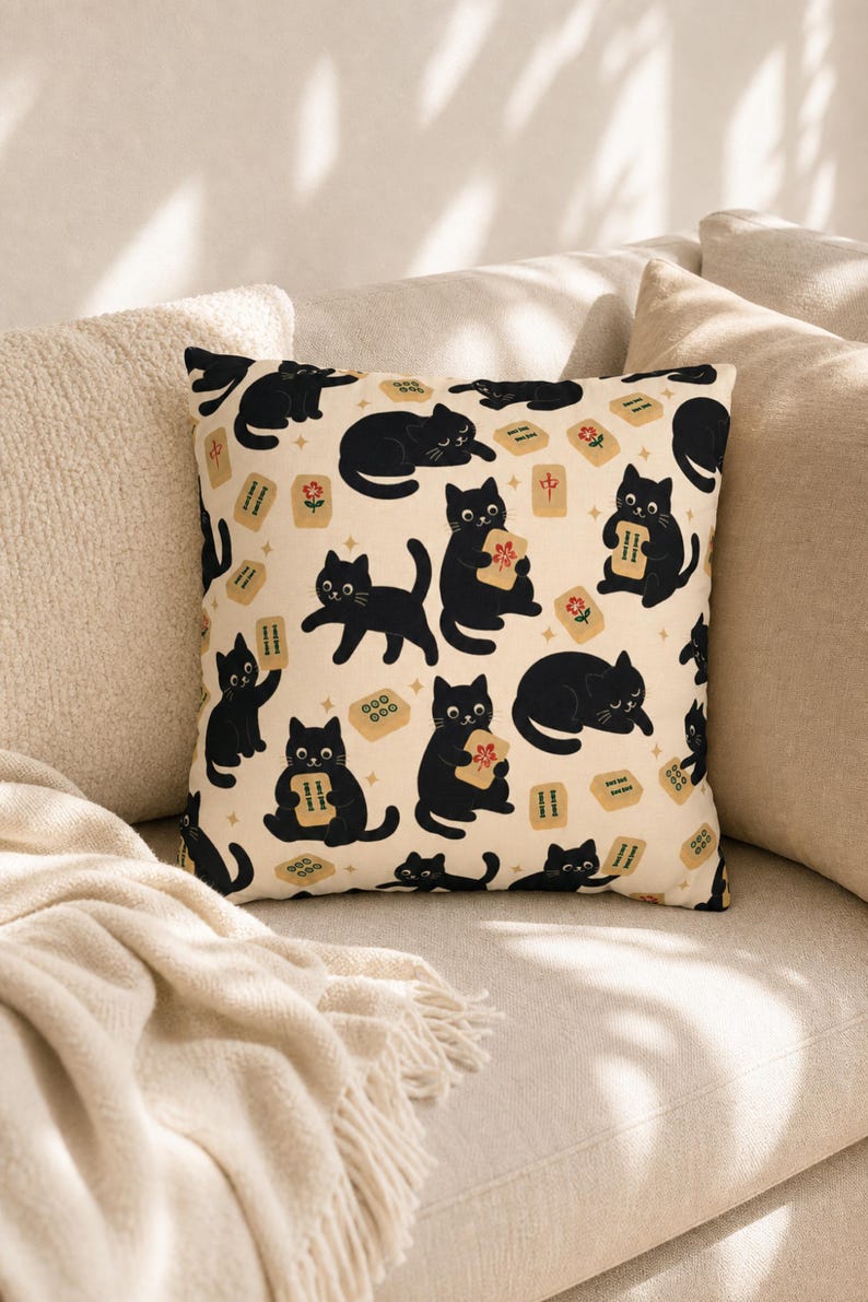 Halloween Mahjong Pillow Cover Black Cat Throw Pillow Case Spooky Cute Game Night Decor Fall Couch Pillowcase Mahjongg Player Gift