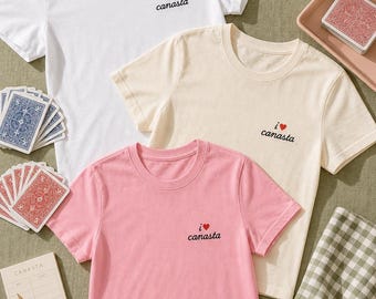 I Heart Canasta Top: Embroidered Shirt, Card Game Tee, Red Cursive Script, Womens Relaxed Fit
