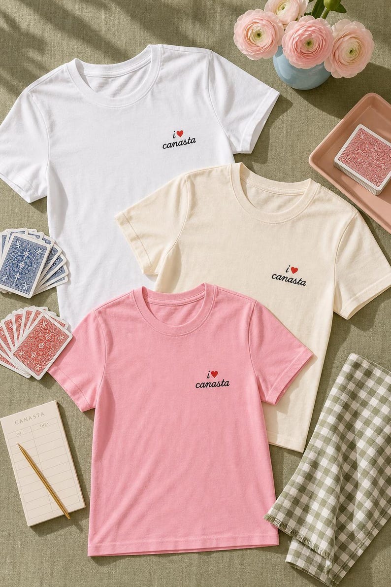 I Heart Canasta Top: Embroidered Shirt, Card Game Tee, Red Cursive Script, Womens Relaxed Fit