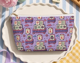 Mahjong Tile Print Makeup Bag Canvas Cosmetic Pouch Fits Full Set Travel Organizer
