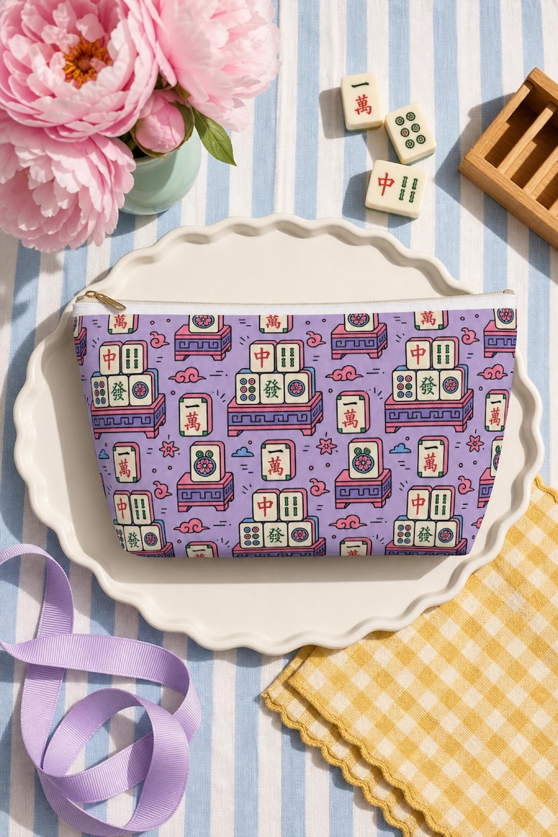 Mahjong Tile Print Makeup Bag Canvas Cosmetic Pouch Fits Full Set Travel Organizer