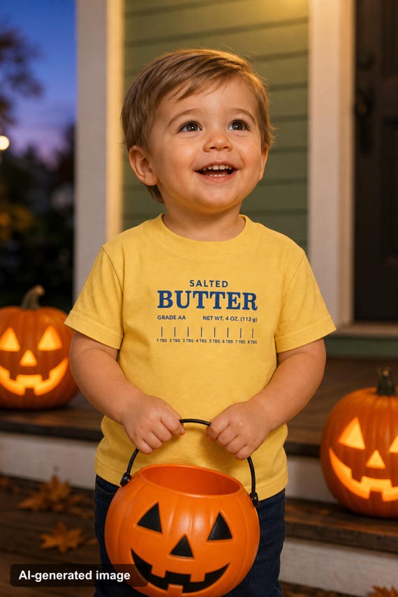 Salted Butter Costume Kids Shirt: Easy Halloween Tee, Toddler to Youth, All Over Print Jersey detail