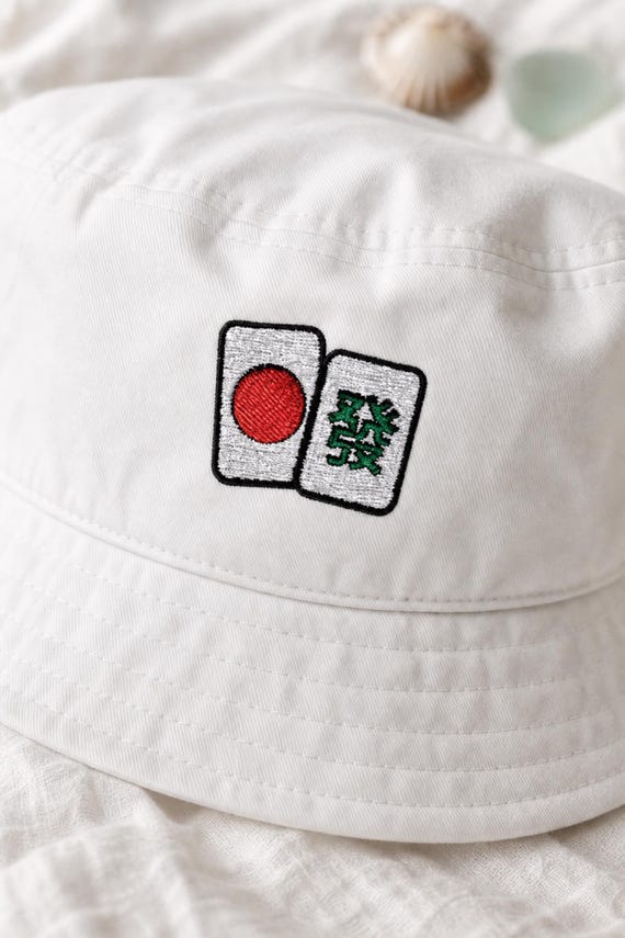Mahjong Bucket Hat Embroidered Tile Design Cotton Summer Cap Game Night detail