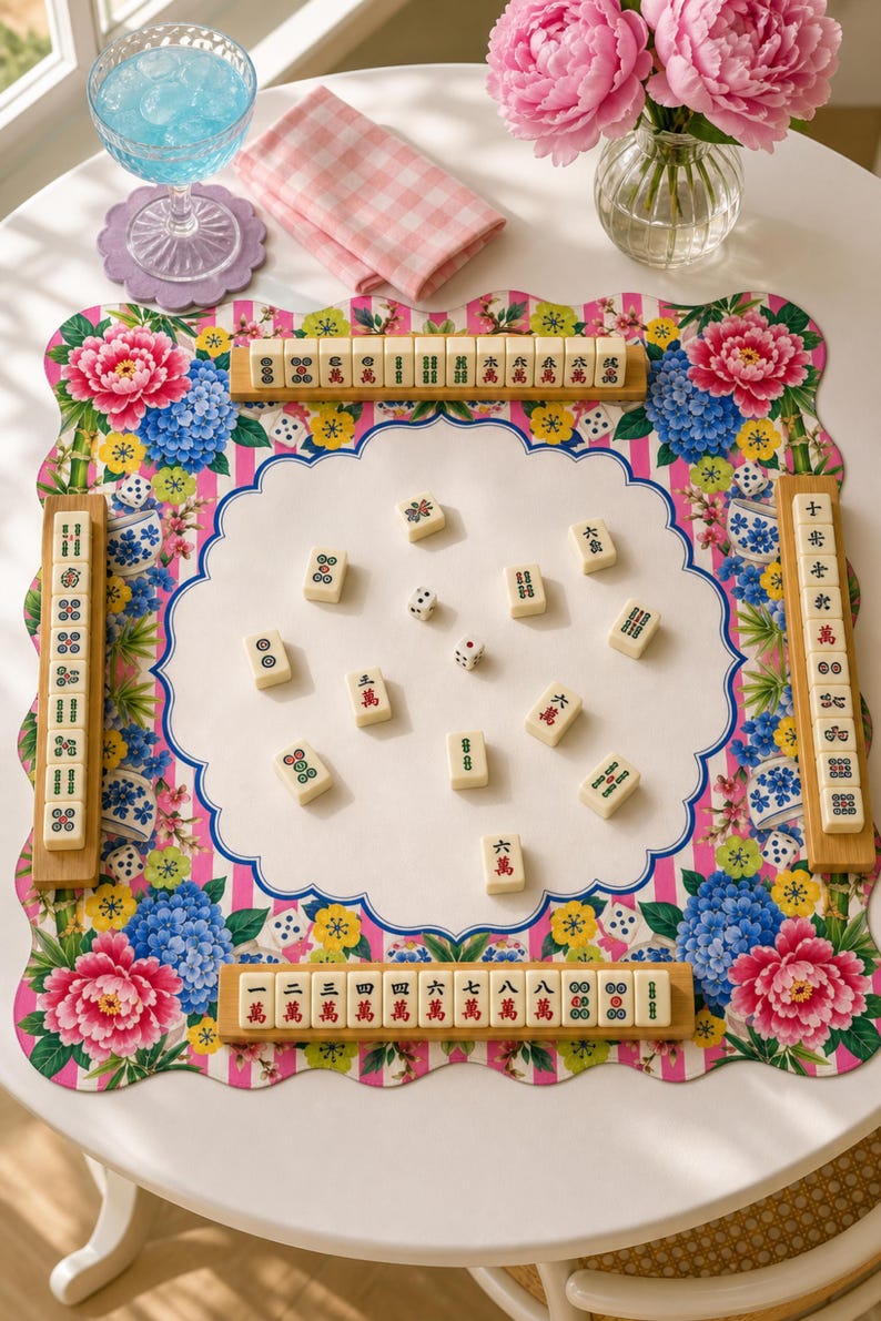 Scalloped Chinoiserie Mahjong Mat 3 Sizes Pink Preppy Neoprene Mah Jongg Table Mat with Storage Bag Grandmillennial Game Night Gift