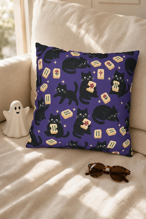 Halloween Mahjong Pillow Cover Black Cat Throw Pillow Case Spooky Cute Game Night Decor Fall Couch Pillowcase Mahjongg Player Gift detail