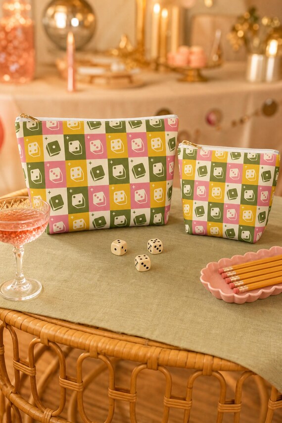 Bunco Dice Bag: Retro Checkerboard Zipper Pouch, Olive Pink Mustard, 2 Sizes detail