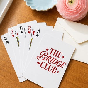 Poker Cards bridge playing card deck — standard card faces shown in a clean preppy editorial product shot on warm wood; personalized card game gift showing front card detail.