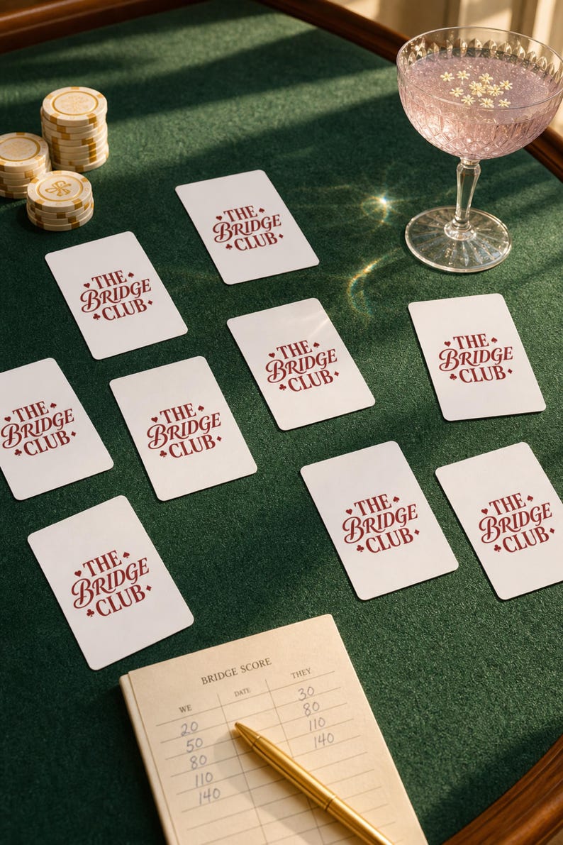 Poker Cards bridge playing card deck dealt across green baize felt — custom card game gift with chips and cocktail, preppy card-night editorial lifestyle photography.