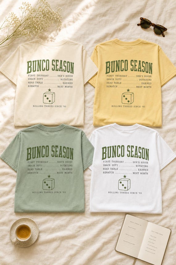 Bunco Season Comfort Colors Shirt Retro Varsity Dice Tee Front and Back Print Ladies Bunco Night Game Night Group Gift detail