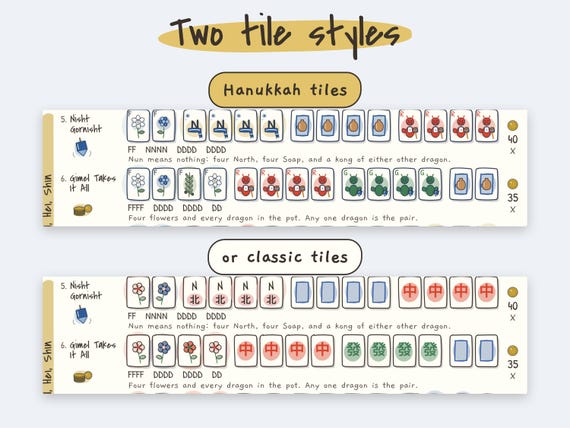 Hanukkah Mahjong Card: 13 Printable Hands, Jewish Mah Jongg Game Night, Chanukah Gift, Ink Saver detail