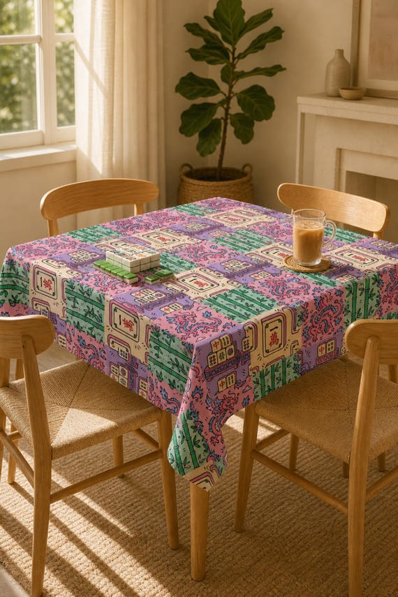 Mahjong Tablecloth Square Tile Print Table Cover Game Night Hostess detail