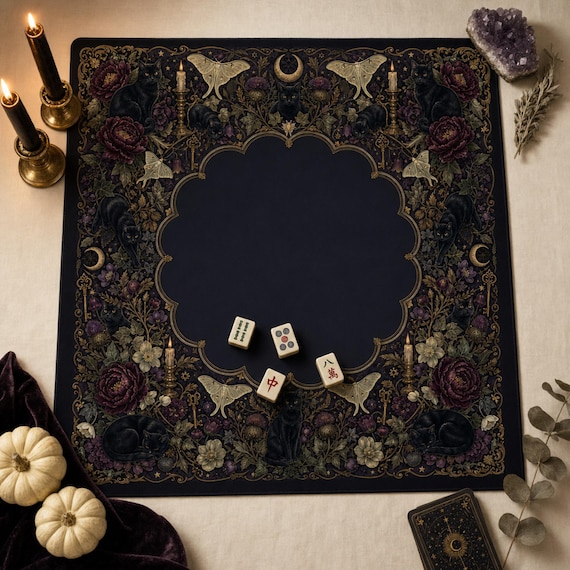 Halloween Mahjong Mat: Black Cat Gothic Botanical Neoprene, 3 Sizes with Storage Bag detail