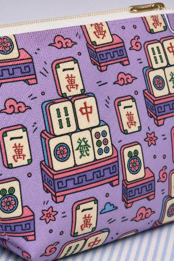 Mahjong Tile Print Makeup Bag Canvas Cosmetic Pouch Fits Full Set Travel Organizer detail