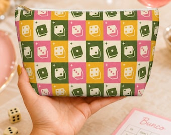 Bunco Dice Bag: Retro Checkerboard Zipper Pouch, Olive Pink Mustard, 2 Sizes