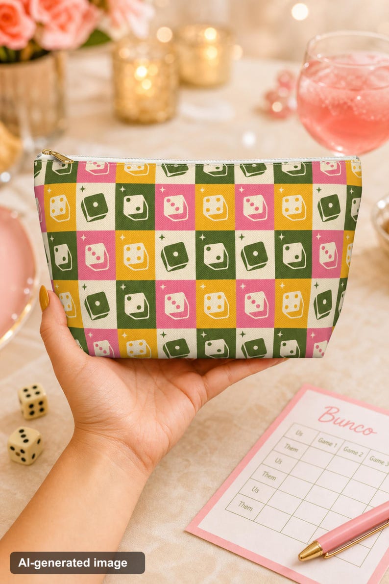 Bunco Dice Bag: Retro Checkerboard Zipper Pouch, Olive Pink Mustard, 2 Sizes