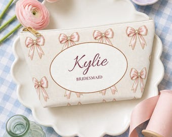 Personalized Bridesmaid Makeup Bag Custom Name Bridal Party Cosmetic Pouch Pink Bow
