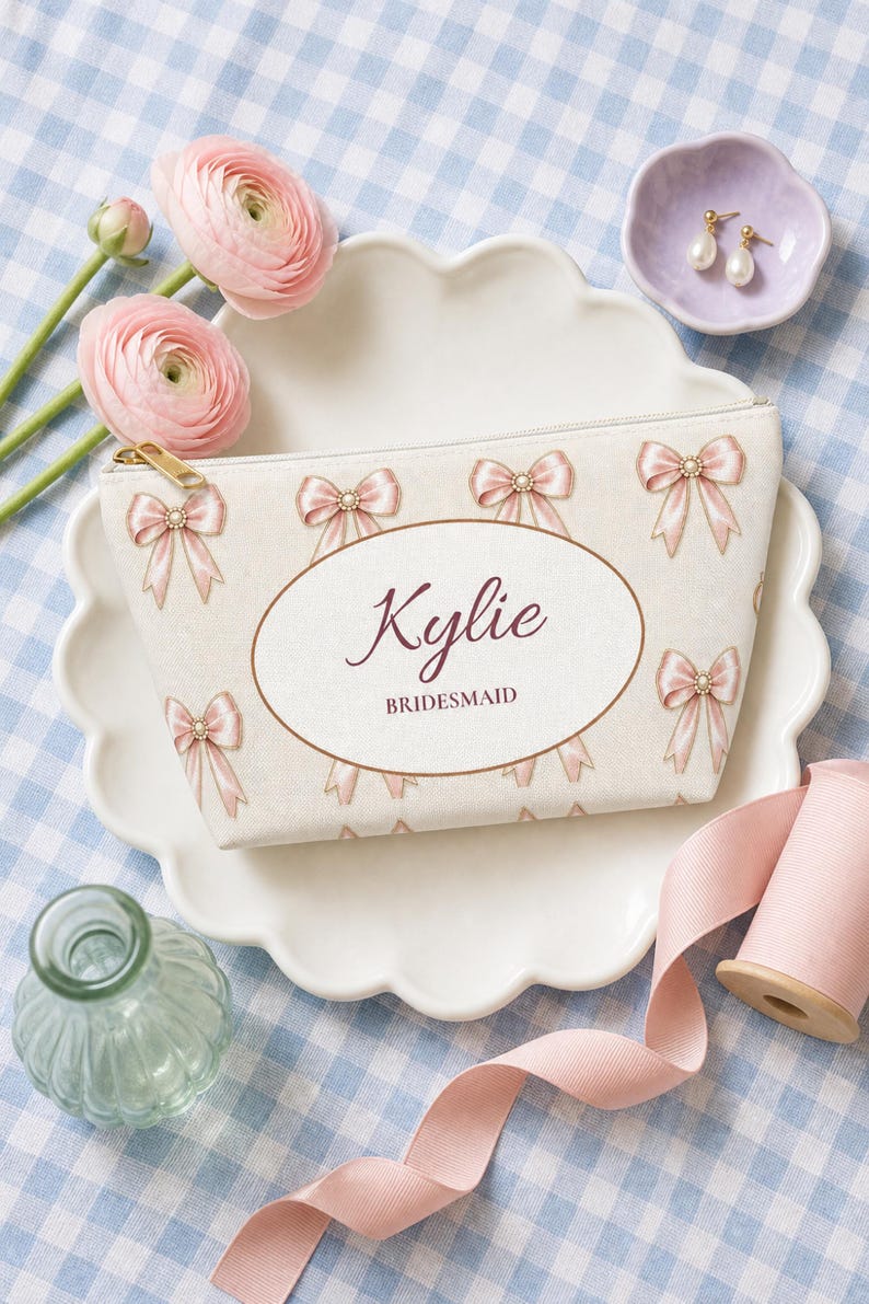 Personalized Bridesmaid Makeup Bag Custom Name Bridal Party Cosmetic Pouch Pink Bow