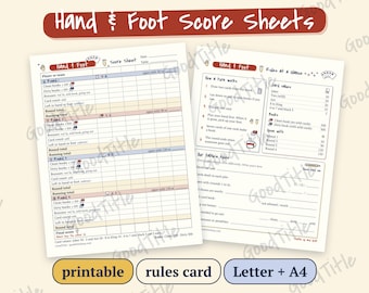 Hand and Foot Score Sheet Printable: Card Game Rules Guide, 6 Players, Letter A4 PDF