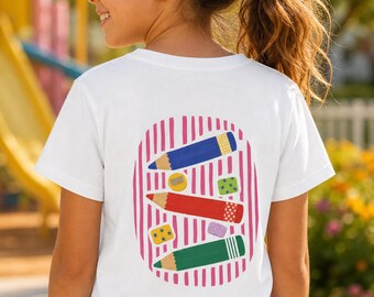Personalized Back to School Shirt Colored Pencil Youth Tee Custom Name Kids First Day of School Boys Girls Front and Back Print