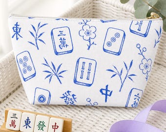 Mahjong Tile Print Makeup Bag Blue White Canvas Cosmetic Pouch Travel Organizer