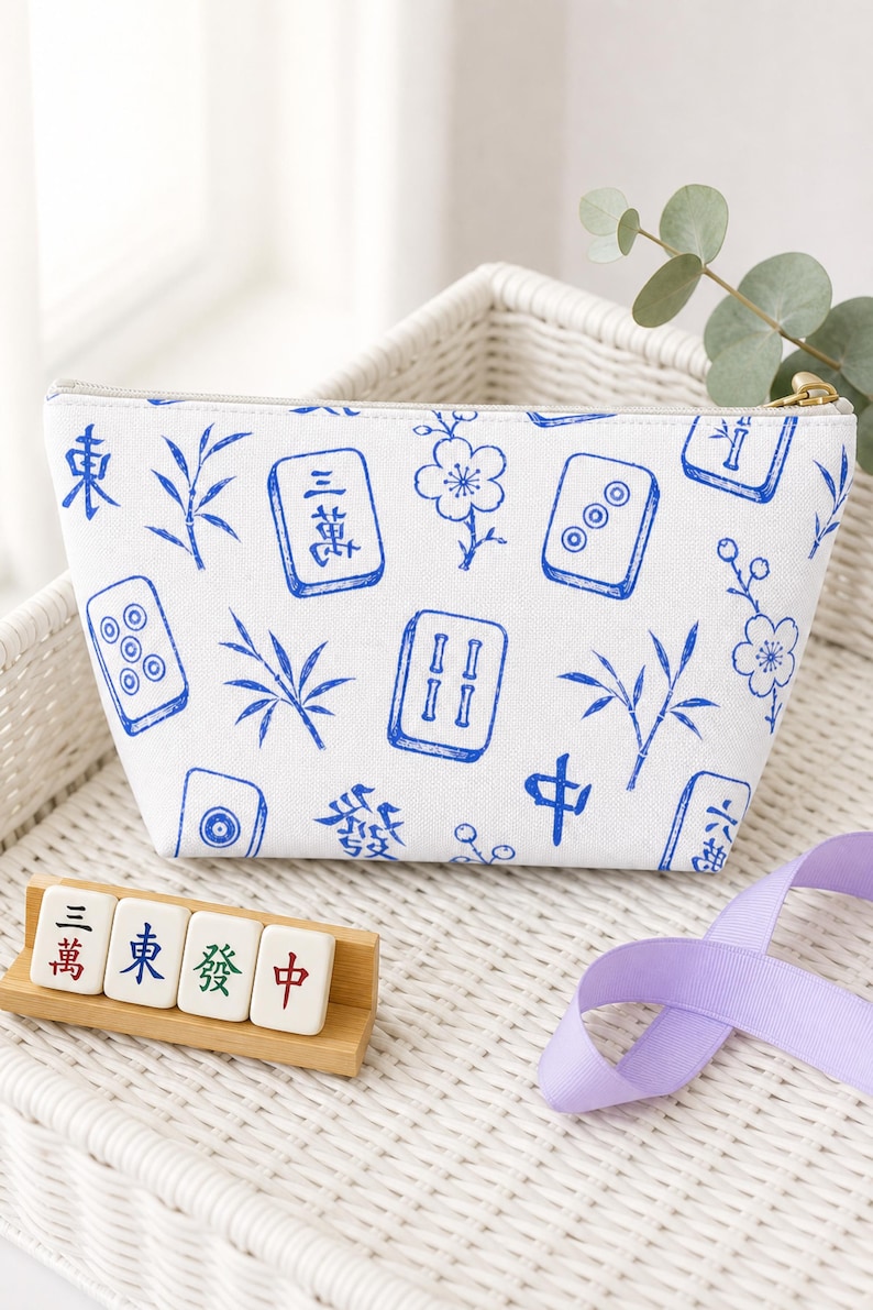 Mahjong Tile Print Makeup Bag Blue White Canvas Cosmetic Pouch Travel Organizer