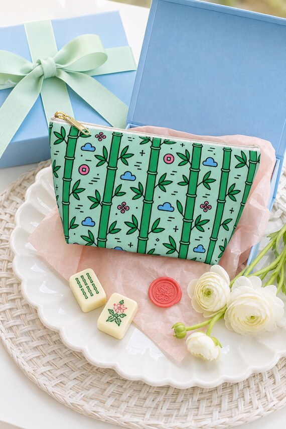 Bamboo Mahjong Tile Bag Canvas Cosmetic Pouch Fits Full Set Travel Organizer detail