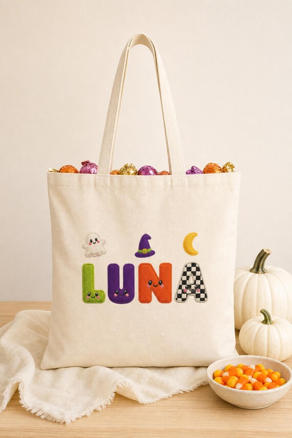 Personalized Halloween Trick or Treat Bag Custom Name Kids Candy Tote Cute Ghost Pumpkin Canvas Bag for Toddler Boy Girl Halloween Gift detail