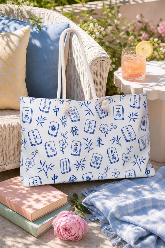 Mahjong Weekender Bag Blue White Chinoiserie Tile Print Overnight Travel Tote Game Night detail