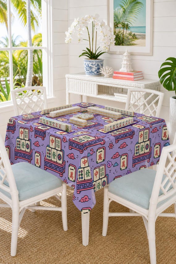Mahjong Tablecloth Square Tile Print Table Cover Game Night Hostess detail