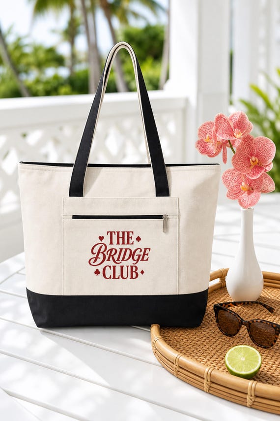 Bridge Club Tote Bag Zippered Canvas Card Game Natural Cotton detail