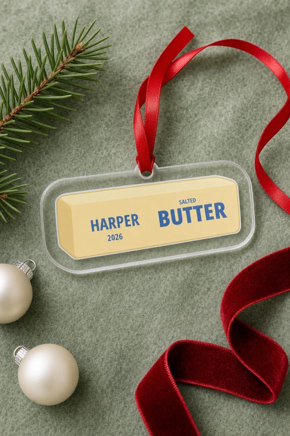Butter Ornament Personalized: Squishy Salted Stick, Custom Name Cut Acrylic, Sibling Set detail
