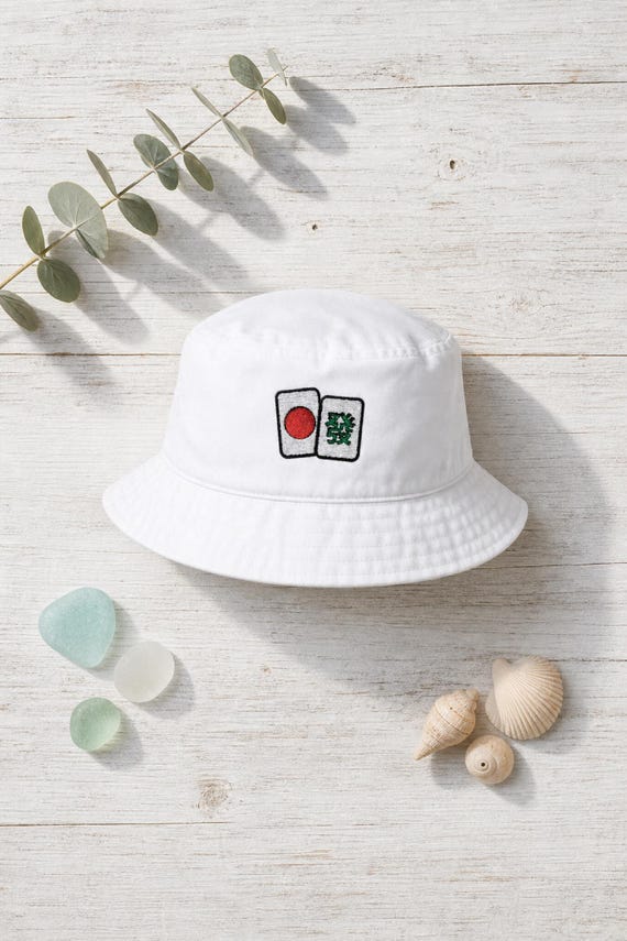 Mahjong Bucket Hat Embroidered Tile Design Cotton Summer Cap Game Night detail