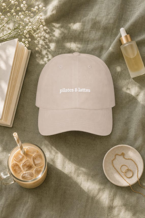 Pilates and Lattes Embroidered Hat, Coffee Lover Gym Dad Cap detail
