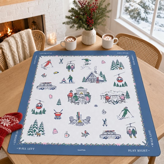 Winter Mahjong Mat: Apres Ski Chalet Toile Neoprene, 4 Sizes with Storage Bag detail