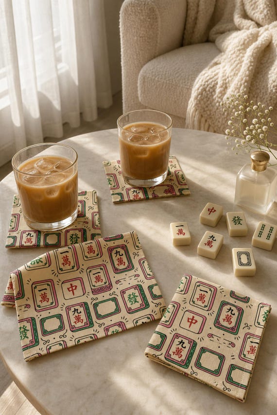 Mahjong Cocktail Napkins Set of 4 Tile Print Hostess Table Decor detail